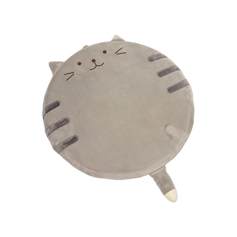 グレーの笑顔の丸い猫のぬいぐるみクッション