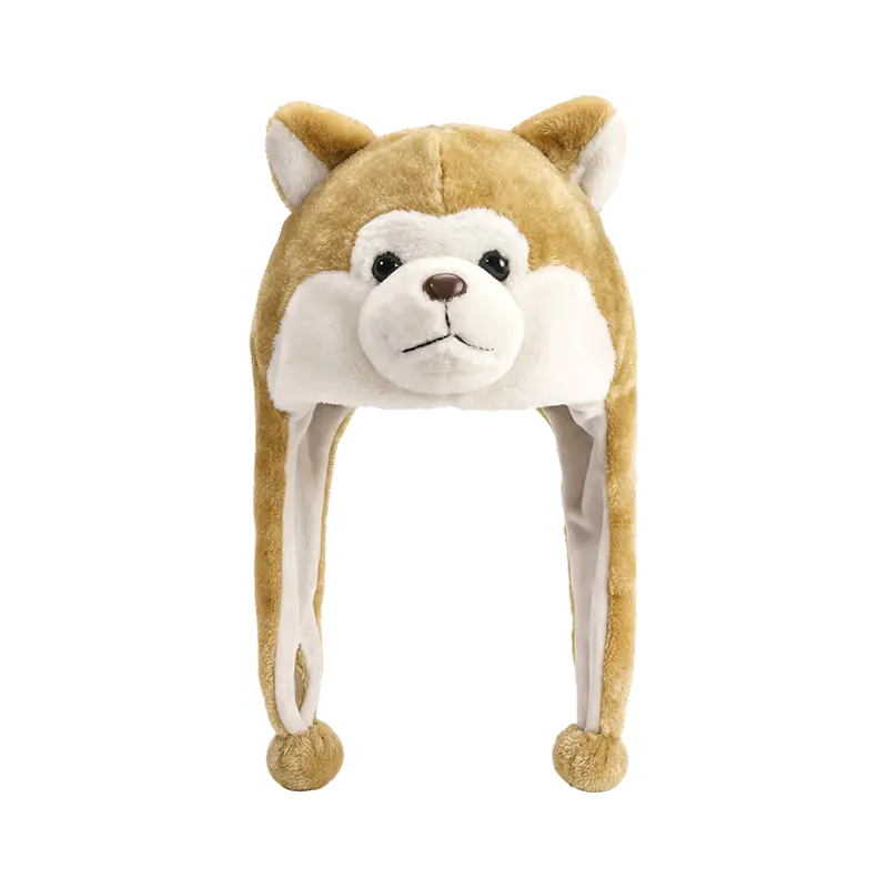 ベージュの子犬の顔のぬいぐるみ帽子