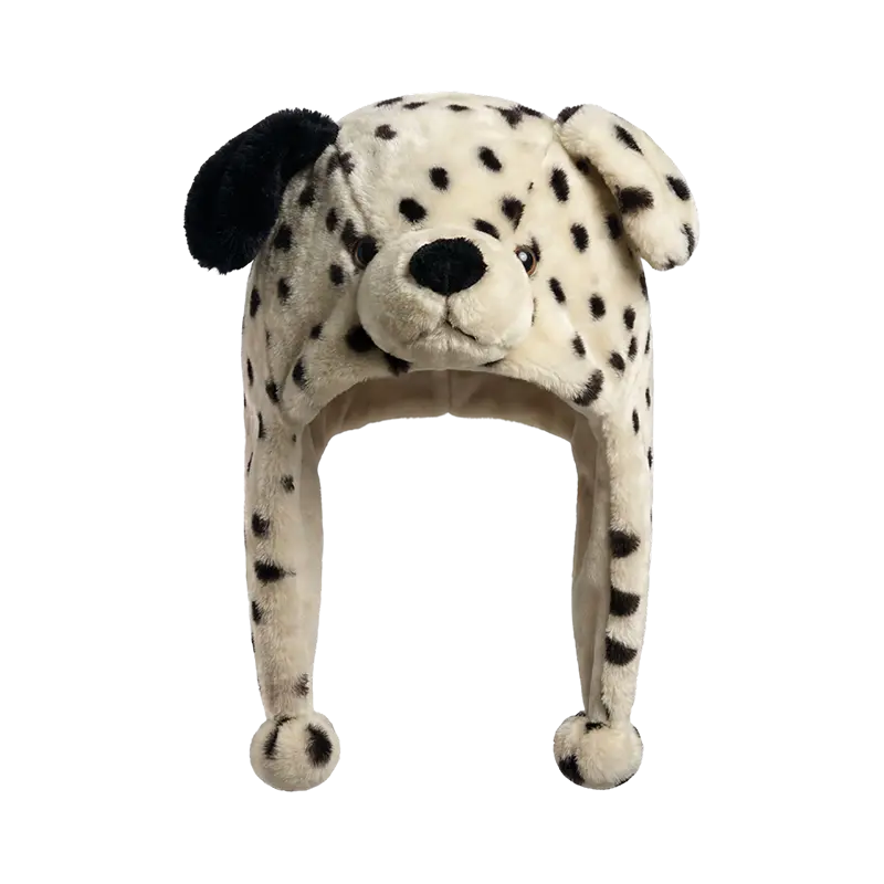 黒と白の犬のぬいぐるみ帽子