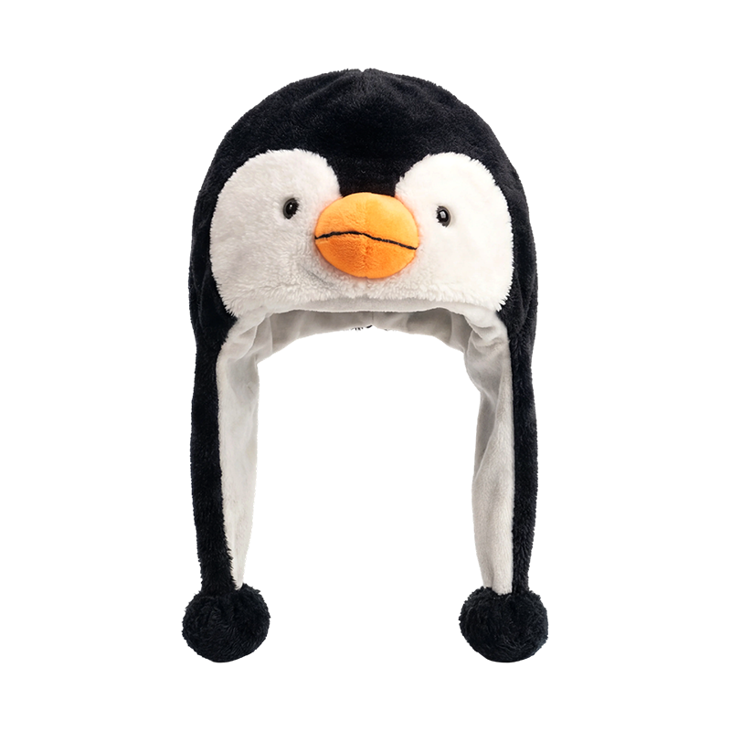 黒と白のペンギンのぬいぐるみ帽子