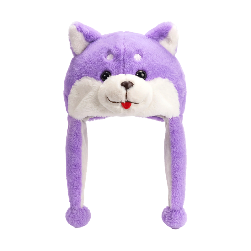 紫色の子犬のぬいぐるみ帽子